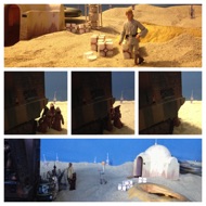 Luke returns to his uncle as they look over the equipment for sale with the Jawa leader. A group of the creatures watch excitedly from around the corner of the Sandcrawler and scurry away as Luke approaches.  Owen has just negotiated for the purchase of a red astro droid. OWEN: "Yeah, we'll take that red one." #starwars #anhwt #starwarstoycrew #jbscrew #blackdeathcrew #starwarstoypix #toyshelf 
